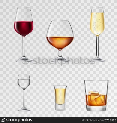 Alcohol drinks in 3d realistic glasses transparent set isolated vector illustration. Alcohol Drinks Transparent