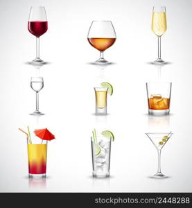 Alcohol drinks in realistic glasses decorative icons set isolated vector illustration