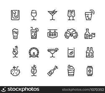 Alcohol drinks line icons. Cocktails, beer bottle and beverages, vermouth margarita and other tropical drinks. Vector isolated fashion bar menu set with alcohol drink glass. Alcohol drinks line icons. Cocktails, beer bottle and beverages, vermouth margarita and other tropical drinks. Vector bar menu set