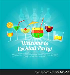 Alcohol drinks poster with flat colorful cocktail glasses vector illustration. Alcohol Flat Illustration