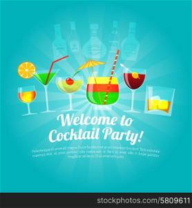 Alcohol drinks poster with flat colorful cocktail glasses vector illustration. Alcohol Flat Illustration