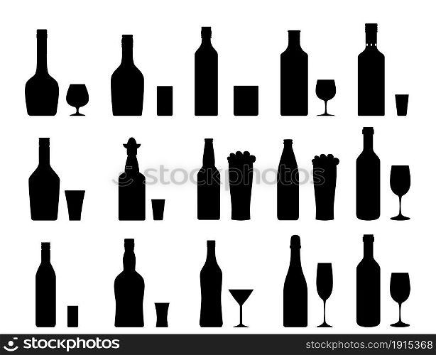Alcohol drinks set silhouette. Bottles with glasses. Vodka champagne wine whiskey beer brandy tequila cognac liquor vermouth gin rum absinthe sambuca cider bourbon. Vector illustration flat style. Alcohol drinks set silhouette.