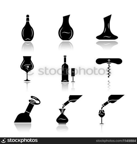 Alcohol drinks tableware drop shadow black glyph icons set. Wine glasses, decanters, bottles. Foil cutter, corkscrew. Glassware, cocktail, beverage service. Isolated vector illustrations