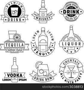Alcohol drinks vector emblems, badges, logo set. Alcohol drinks vector emblems, badges, logo set. Alcohol beverage whiskey and tequila, labels for vodka and liquor