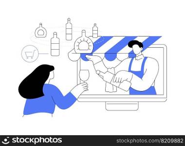 Alcohol E-commerce abstract concept vector illustration. Online grocery, alcohol marketplace, direct-to-consumer online wine, liquor store, no-contact delivery, stay at home abstract metaphor.. Alcohol E-commerce abstract concept vector illustration.