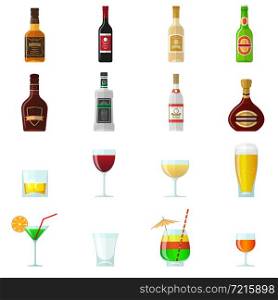 Alcohol flat icons set with whiskey brandy bottles and cocktail glasses isolated vector illustration. Alcohol Flat Icons