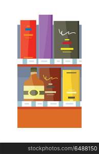 Alcohol in Store Concept Vector In Flat Design.. Alcohol in store concept vector in flat style. Shelf with bottles and boxes with drinks illustration for beverages concepts, grocery store advertising, Isolated on white background.