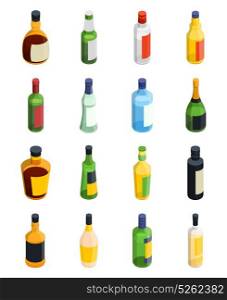 Alcohol Isometric Icon Set. Colored and isolated alcohol isometric icon set with different sizes and types of bottles vector illustration