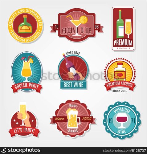Alcohol Labels Design Set. Alcohol labels flat design set for best wine and high quality alcohol beverages isolated vector illustration