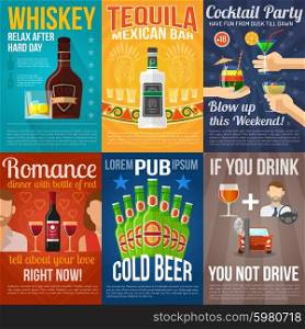 Alcohol Mini Poster Set. Alcohol drinks and cocktail mini poster set isolated vector illustration