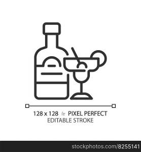 Alcohol pixel perfect linear icon. Strong drink. Adult beverage. Liquor store. Club bar. Cocktail menu. Thin line illustration. Contour symbol. Vector outline drawing. Editable stroke. Alcohol pixel perfect linear icon