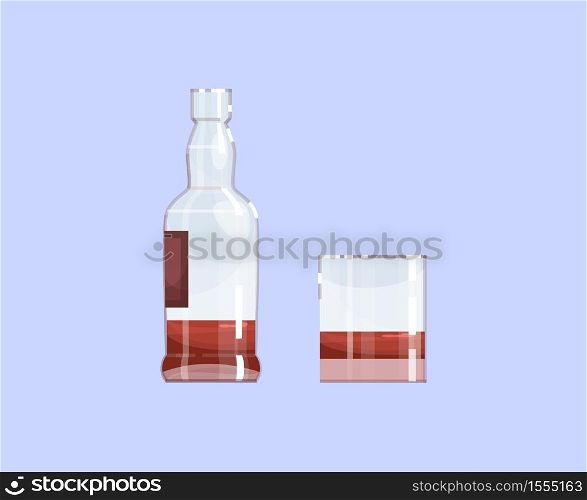Alcohol semi flat RGB color vector illustration. Bottle and glass with strong alcoholic drink isolated cartoon object on blue background. Boose abuse, alcoholism problem, unhealthy habit. Alcohol semi flat RGB color vector illustration