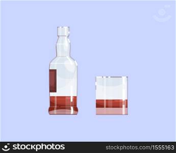Alcohol semi flat RGB color vector illustration. Bottle and glass with strong alcoholic drink isolated cartoon object on blue background. Boose abuse, alcoholism problem, unhealthy habit. Alcohol semi flat RGB color vector illustration