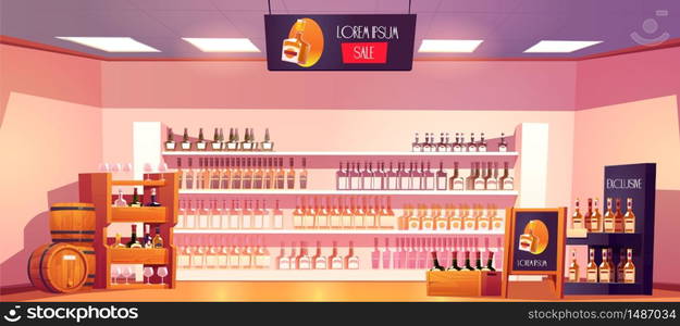 Alcohol shop with bottles, wooden rack, shelves, barrels and advertising stand. Vector cartoon interior of alcoholic drinks market with bottles of wine, beer and whiskey on showcase. Alcohol shop with bottles on shelves and barrels