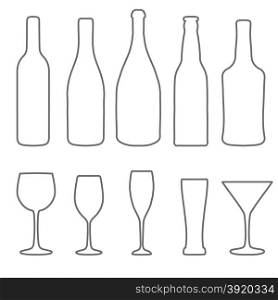 Alcohol thin lines icons set. Wine beer gin champagne icons.