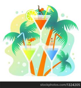 Alcoholic and Non-alcoholic Summer Cocktails. Assortment Summer Cocktails. Gastronomy Tour with Recipes, History and Presentation Most Popular Cocktails this Year. Vector Illustration.