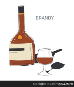Alcoholic beverage in bottle and glass, brandy for refreshment. Nightlife drinks or luxurious complement for food. Professional brewery production. Menu for restaurants or bars. Vector in flat style. Brandy alcoholic beverage in bottle and glass