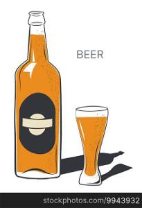 Alcoholic beverage in bottle with label, organic brewed craft beer product poured in glasses. IPA with flavor. Menu for restaurants or bars. Production of Irish pale ale. Vector in flat style. Beer in bottle, alcohol poured in glass vector
