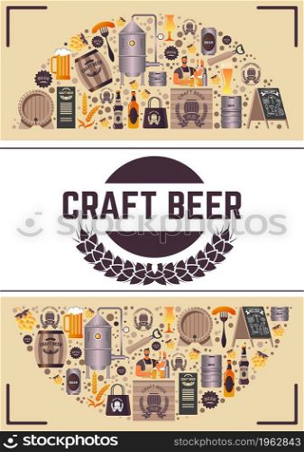Alcoholic beverage with unique taste, craft beer made in brewery. Poster or promo banner with equipments and containers, ingredients and product of distillery. Vector in flat style illustration. Craft beer, brewery with tasty alcoholic beverage
