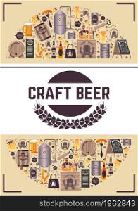 Alcoholic beverage with unique taste, craft beer made in brewery. Poster or promo banner with equipments and containers, ingredients and product of distillery. Vector in flat style illustration. Craft beer, brewery with tasty alcoholic beverage