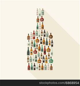 Alcoholic beverages. Bottles of alcoholic beverages in bottle shape. Vector flat illustration