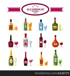 Alcoholic Beverages Drinks Flat Icons Set . Alcoholic beverages bottles with wineglasses flat icons set for restaurant bar drinks special offers vector isolated illustration