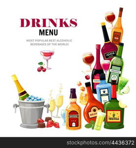 Alcoholic Beverages Drinks Menu Flat Poster. Alcoholic beverages colorful composition for restaurant bar drinks menu flat poster print with tequila shot vector illustration
