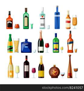 Alcoholic beverages in glasses and bottles of different shape with labels cartoon vector illustration set. Beer, wine, whiskey and other alcohol drinks. Icons of bar menu isolated on white background