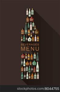 Alcoholic beverages menu. Bottles of alcoholic beverages in bottle shape. Vector flat illustration