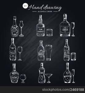 Alcoholic beverages monochrome icons set with bottles and glasses of different shape on black chalkboard vector illustration. Alcoholic Beverages Monochrome Icons Set