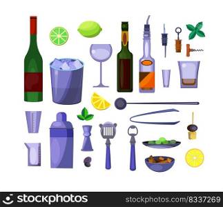 Alcoholic beverages set. Collection for mixing drinks. Can be used for topics like nightclub, bar, cocktail