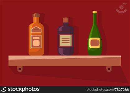 Alcoholic beverages standing on shelf vector, bottles with emblems etiquette. Pub or bar service, drinks alcohol in container glass, celebration and party. Champagne and Rum Standing on Wooden Shelf Vector
