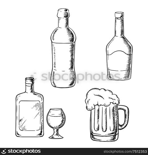 Alcoholic beverages with bottle of wine, liquor, whiskey, glass and tankard of beer isolated on white background. Sketch image. Bottles of wine, liquor, whiskey and beer