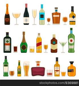 Alcoholic bottles and glasses. Alcohol cocktail, champagne, beer, brandy and martini, gin and cognac. Bar menu flat vector icons set. Illustration whiskey and champagne bottle, tequila and martini. Alcoholic bottles and glasses. Alcohol cocktail drinks, champagne, beer, brandy and martini, gin and cognac. Bar menu flat vector icons set