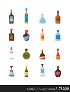 Alcoholic bottles. Restaurant bar alcoholic drinks plastic and glass bottles with labels vodka rum tonic liqueur tequila garish vector pictures set. Bar alcohol, wine and champagne, beer and vodka. Alcoholic bottles. Restaurant bar alcoholic drinks plastic and glass bottles with labels vodka rum tonic liqueur tequila garish vector pictures set