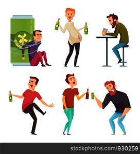Alcoholic character. Abuse and addicted man drugs and booze vector cartoon illustrations. Alcoholism with bottle beer, addiction alcohol. Alcoholic character. Abuse and addicted man drugs and booze vector cartoon illustrations