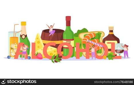 Alcoholic cocktails drinks party aperitif snacks appetizers title header flat composition with cheese shrimps rum vector illustration