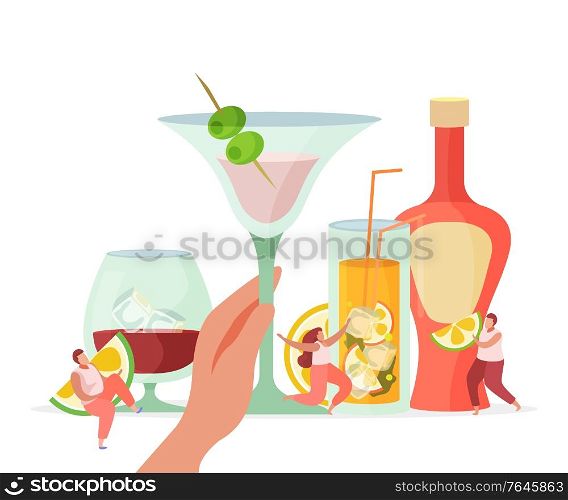 Alcoholic cocktails flat background composition with hand holding filled stemmed triangle glass with fruit stick vector illustration