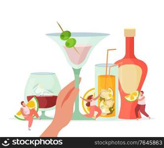 Alcoholic cocktails flat background composition with hand holding filled stemmed triangle glass with fruit stick vector illustration