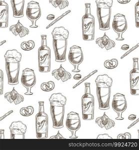 Alcoholic drink and snacks seamless pattern. Beer bottle and glass, pretzels and salty sticks. Alcohol beverage with foam and bubbles. Brewery or pub. Monochrome sketch outline, vector in flat style. Beer poured in glass, alcoholic beverage and pretzels
