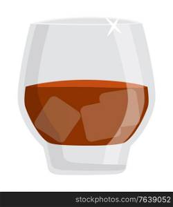 Alcoholic drink vector, isolated glass of fine alcohol flat style. Whiskey or rum drinking of cold beverage with ice cubes, cold liquid in container booze. Glass of Rum, Brandy or Dark Whiskey Alcohol Drink