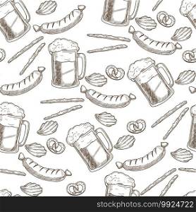 Alcoholic drink with foam, snacks seamless pattern. Beer and sausages, chips and pretzels, salty sticks. Smoked meat and baked food, appetizer. Monochrome sketch outline, vector in flat style. Beer in glass, snacks with alcoholic beverage seamless pattern