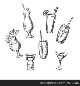 Alcoholic drinks, cocktails and beverages served in glasses with fruits, straws and umbrella. Sketch icons. Drinks, cocktails and beverages sketches