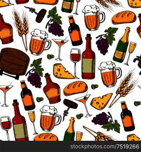 Alcoholic drinks, cocktails and snacks seamless pattern on white background with wine, beer, champagne, whisky bottles and glasses with grape and olive fruits, cheese, bread, corkscrew and wheat ears. Alcoholic drinks and cocktails seamless pattern