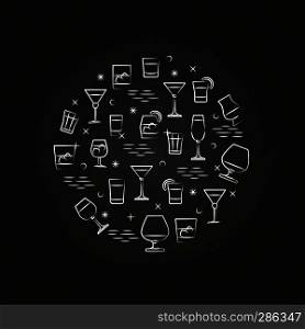 Alcoholic drinks icons on chalkboard - drinks circle concept. Vector illustration. Alcoholic drinks icons on chalkboard