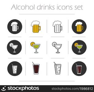 Alcoholic drinks icons set. Vector beverages symbols. Beer mug, margarita cocktail, highball glass illustrations isolated on white. Alcoholic drinks icons set