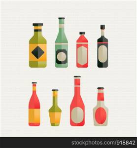 Alcoholic drinks in bottles and glasses flat vector icons set. Alcohol drink beverage illustration. Alcohol drinks collection.
