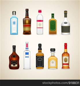 Alcoholic drinks in bottles flat vector icons set. Alcohol drink beverage illustration