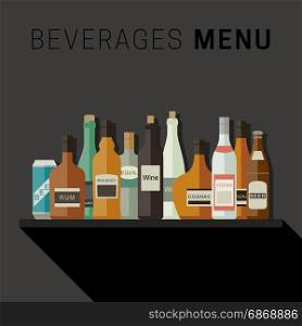 Alcoholic drinks menu. Drinks menu with bottles icons of alcoholic beverages. Vector flat illustration.