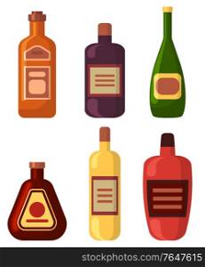Alcoholic drinks set, isolated bottles of beer, champagne and liqueur. Flat style containers with emblems, refreshing beverages with spirit, booze. Beer and Champagne, Tequila and Rum Alcohol Drink